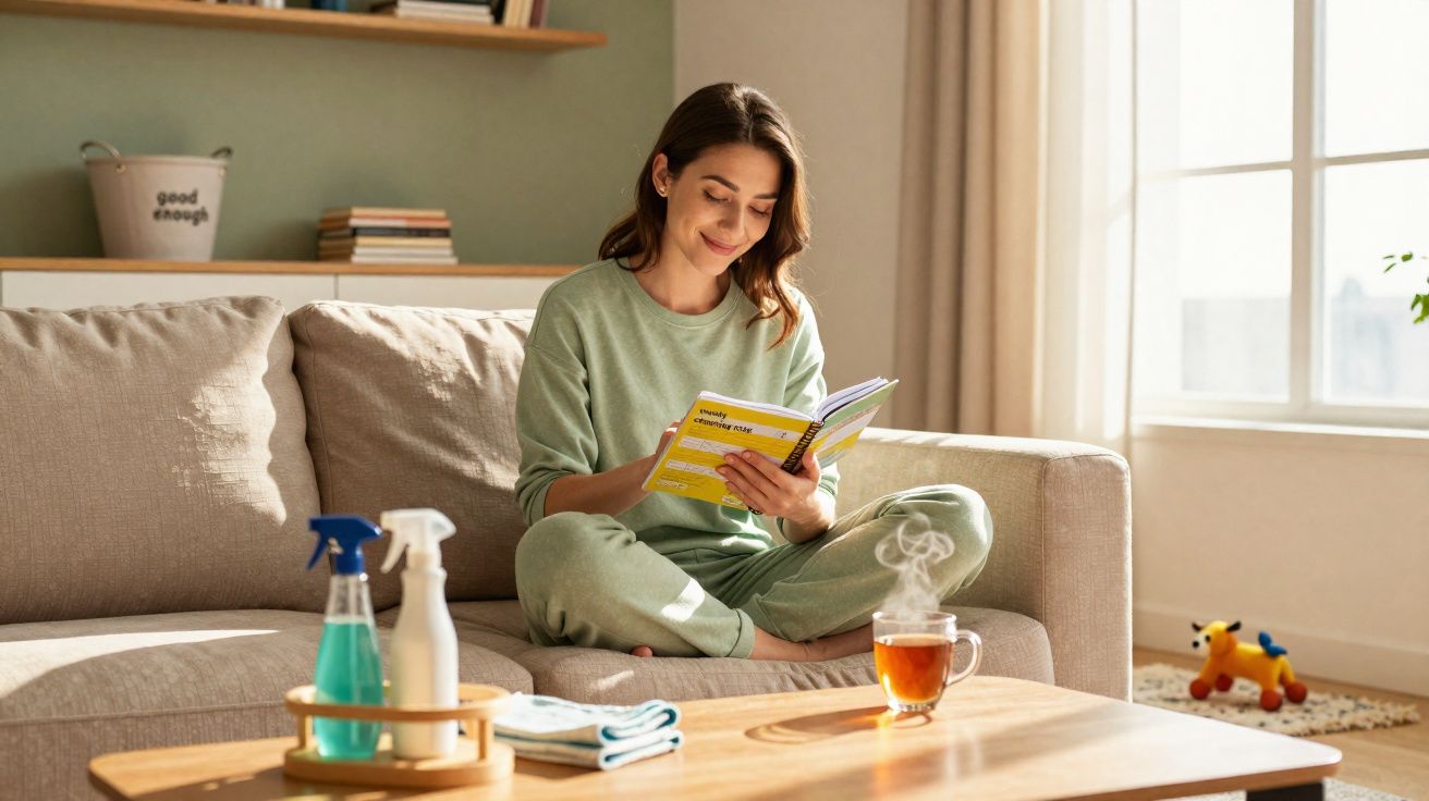 Mulher sentada no sofá lendo livro, com xícara de chá fumegante na mesa de centro em sala iluminada.