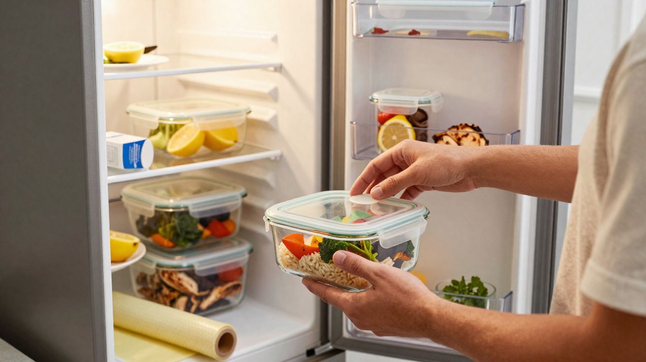 Pessoa segurando pote de vidro com comida saudável na frente de geladeira aberta com potes organizados.