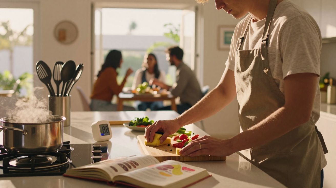 Pessoa cortando legumes na cozinha, panela no fogão com vapor e três pessoas conversando ao fundo.