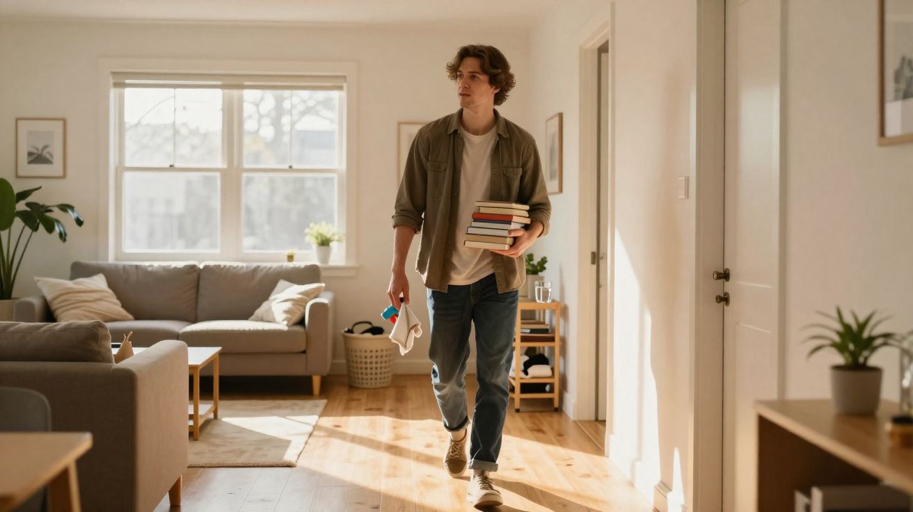 Jovem andando em sala iluminada, segurando livros, chave e máscara, com móveis claros e plantas ao fundo.