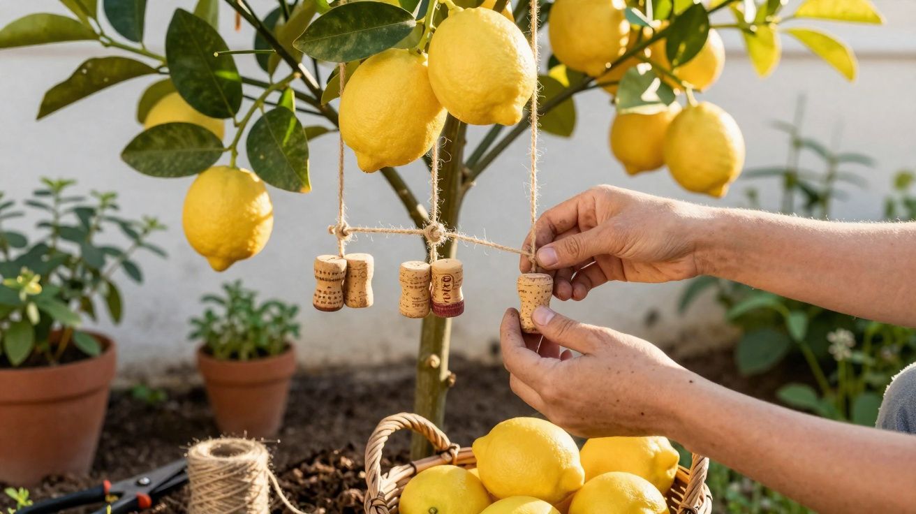 Mãos pendurando rolhas de vinho em árvore de limão com cesta de limões e vasos no fundo.