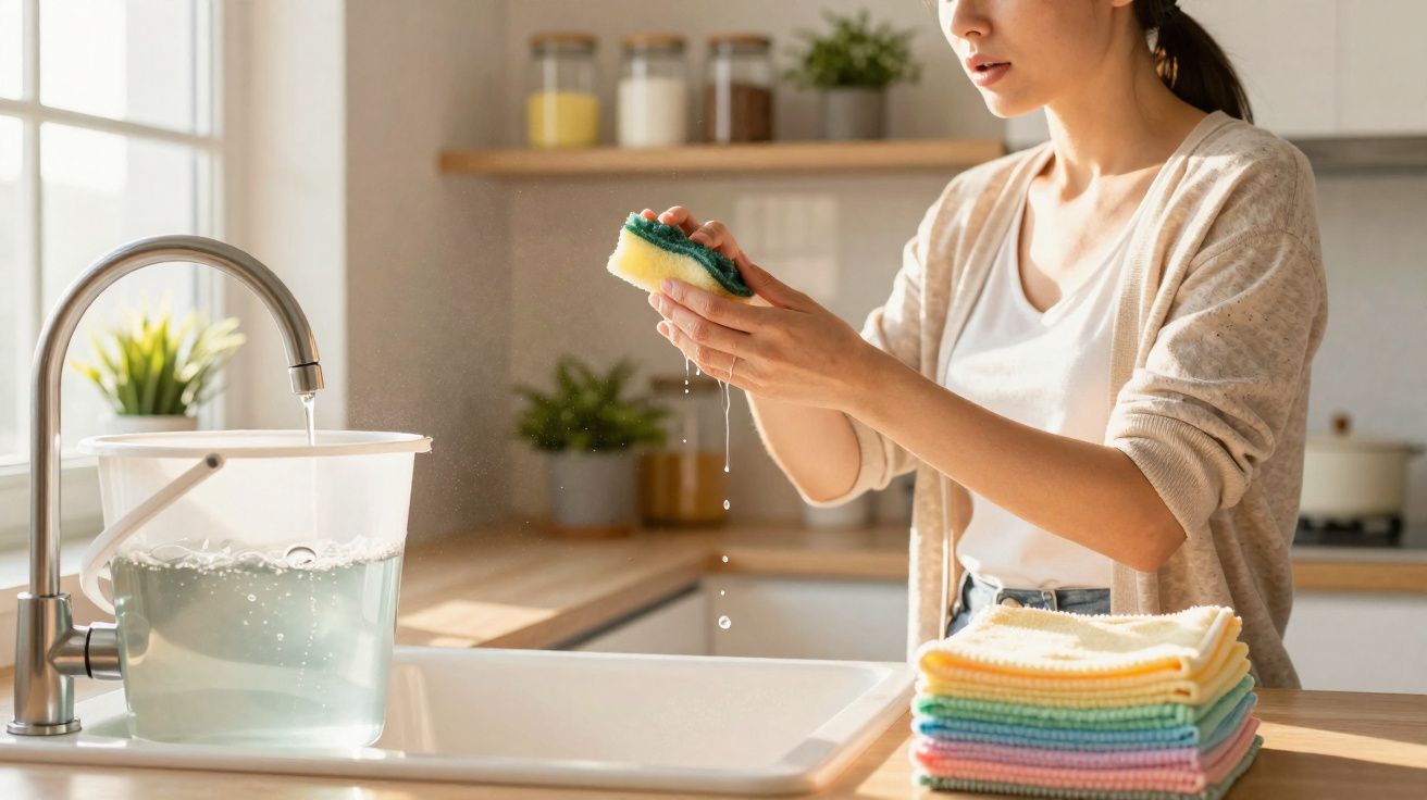 Mulher espremendo esponja molhada na pia da cozinha com balde e panos coloridos ao lado.