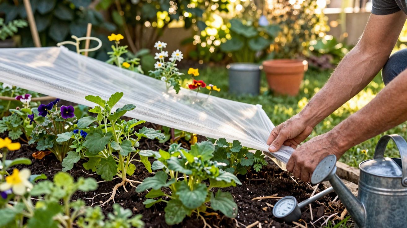 Pessoa cobrindo plantas jovens no jardim com plástico transparente em dia ensolarado.