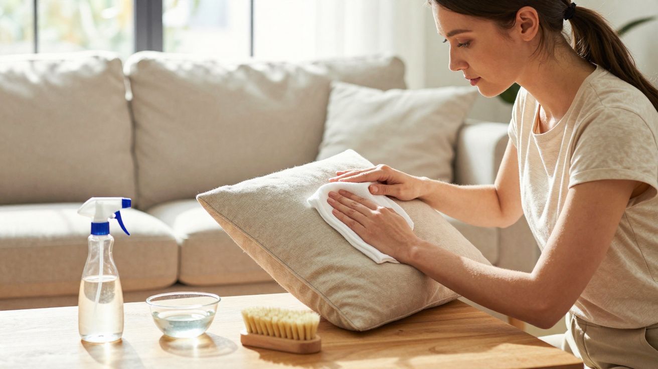 Mulher limpando almofada com pano branco sobre mesa de madeira na sala iluminada.