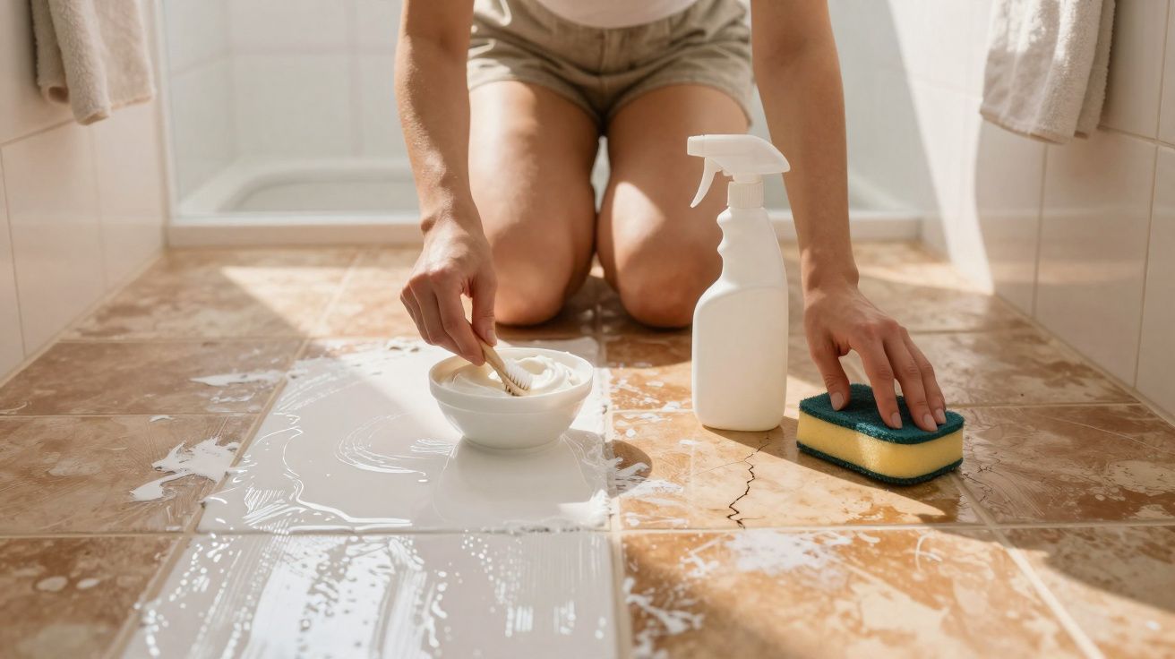 Pessoa limpando azulejos de piso com esponja, escova e produto de limpeza spray no banheiro.
