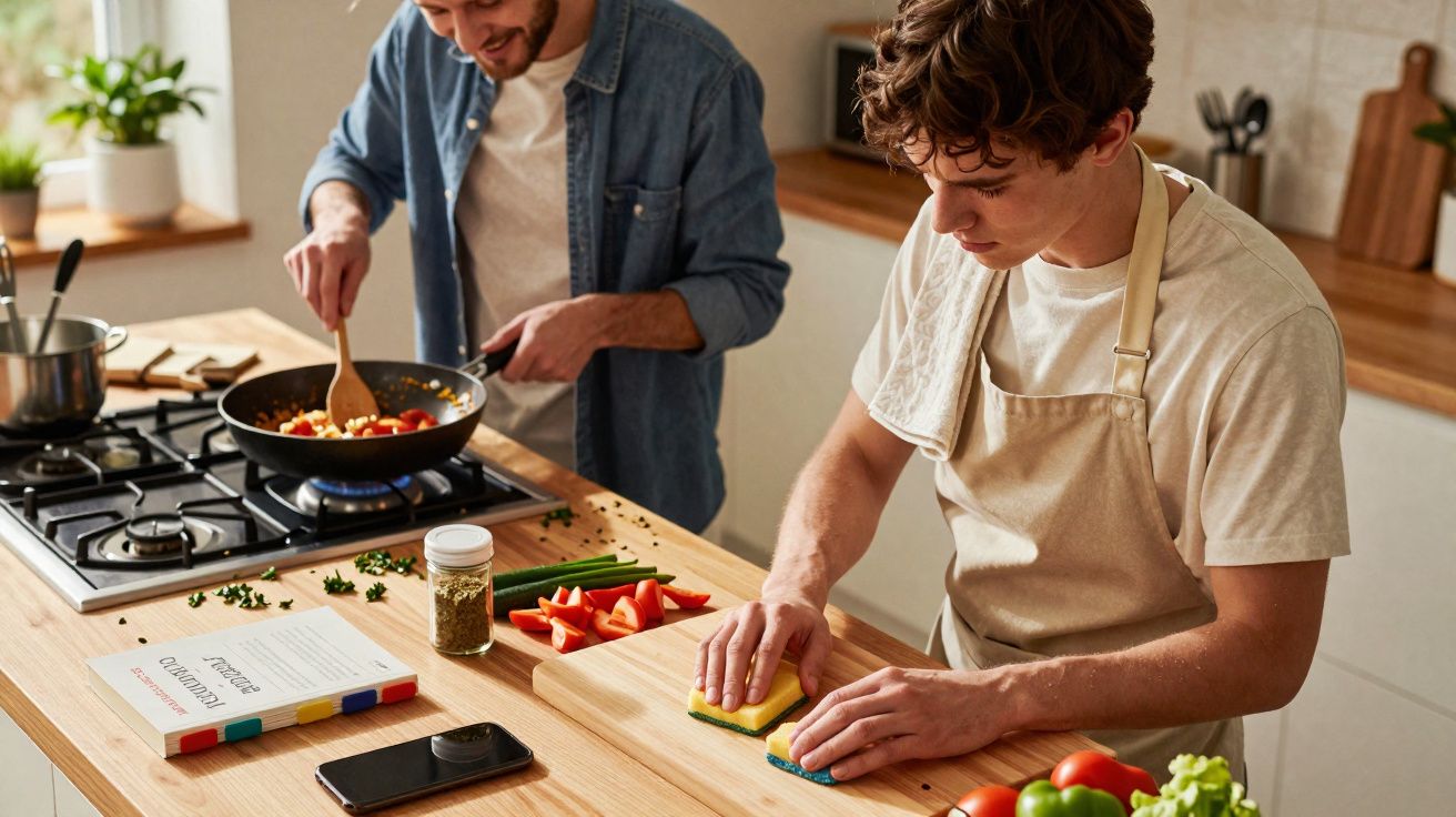 Dois homens preparando legumes na cozinha, um limpando a tábua e outro mexendo legumes na frigideira.