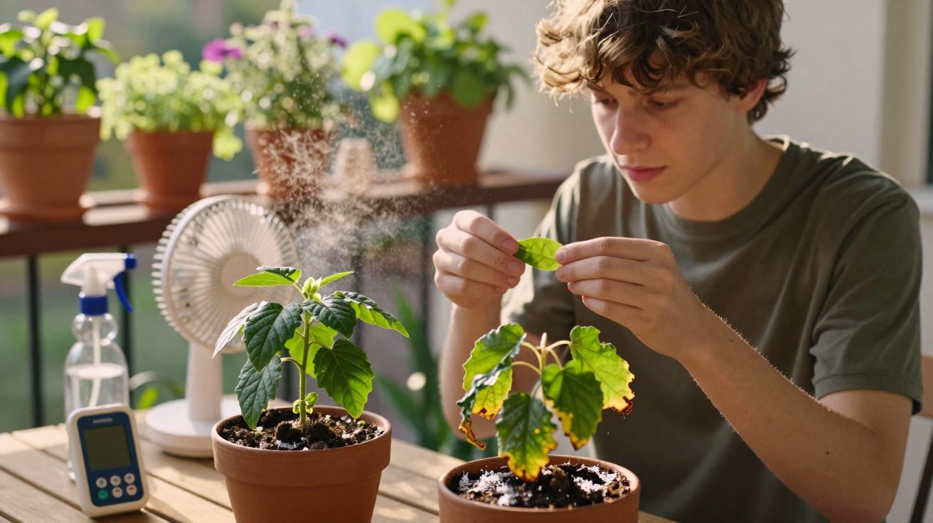 Jovem cuidando de plantas em vasos enquanto está em ambiente interno com luz natural.
