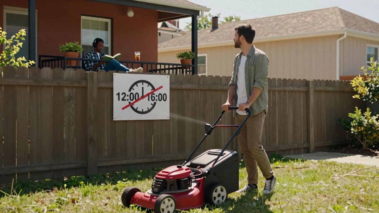 Homem cortando grama com placa indicando horário proibido das 12h às 16h ao fundo.