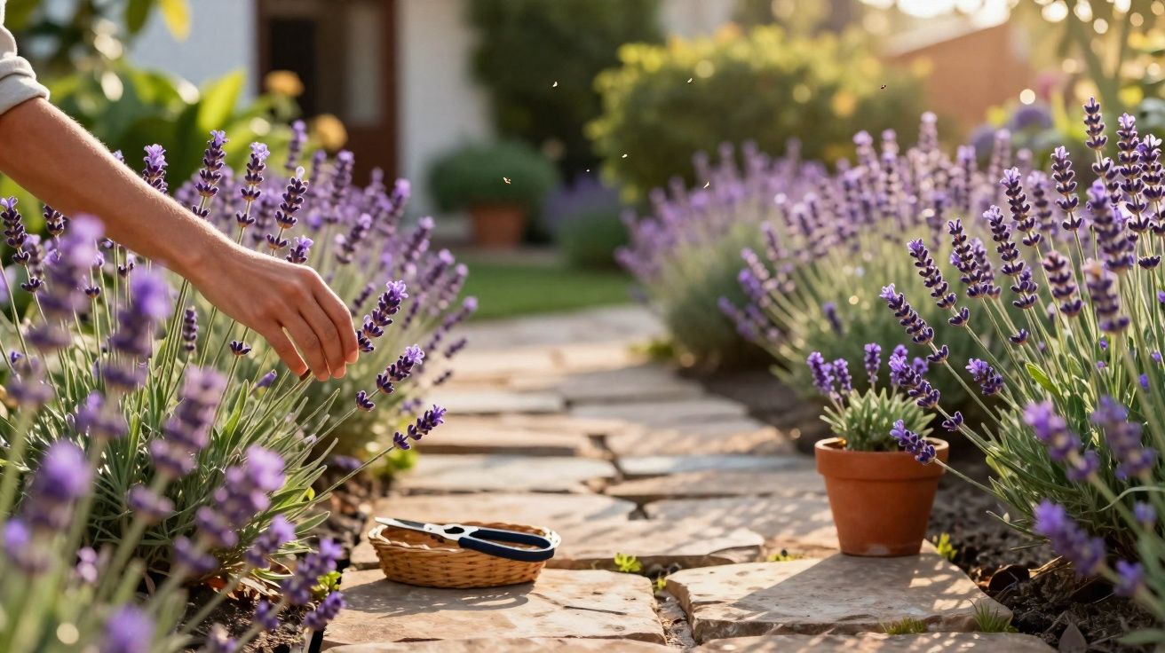 Pessoa colhendo flores de lavanda em jardim com caminho de pedra ao entardecer.