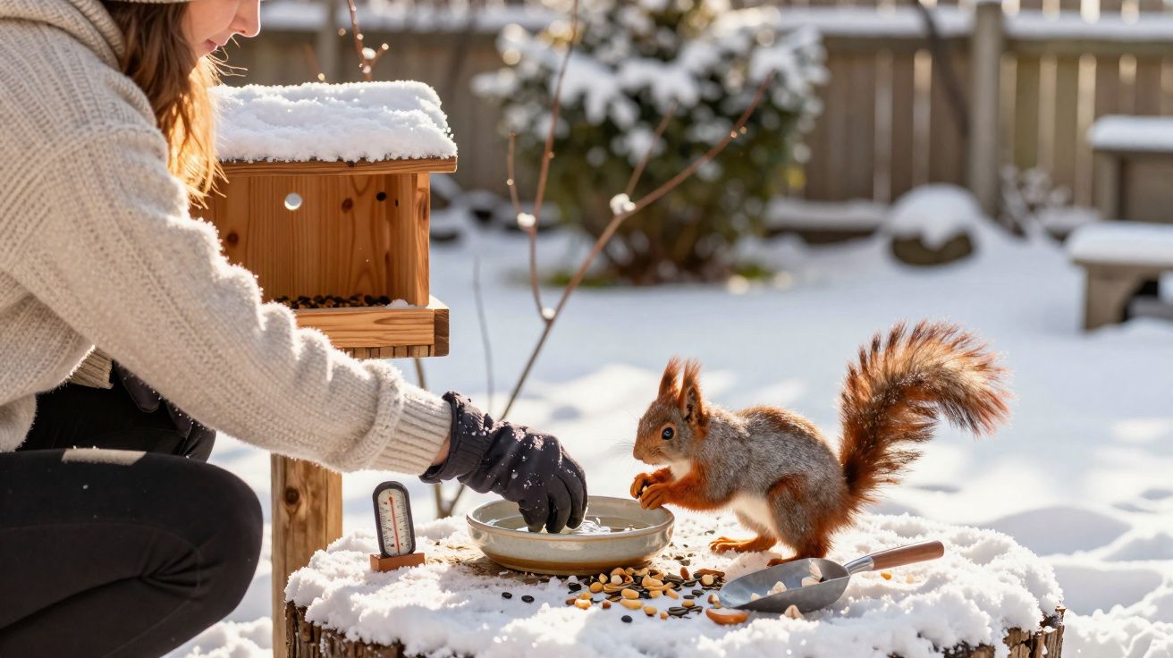 Mulher alimenta esquilo em tronco coberto de neve com casinha de madeira ao fundo.