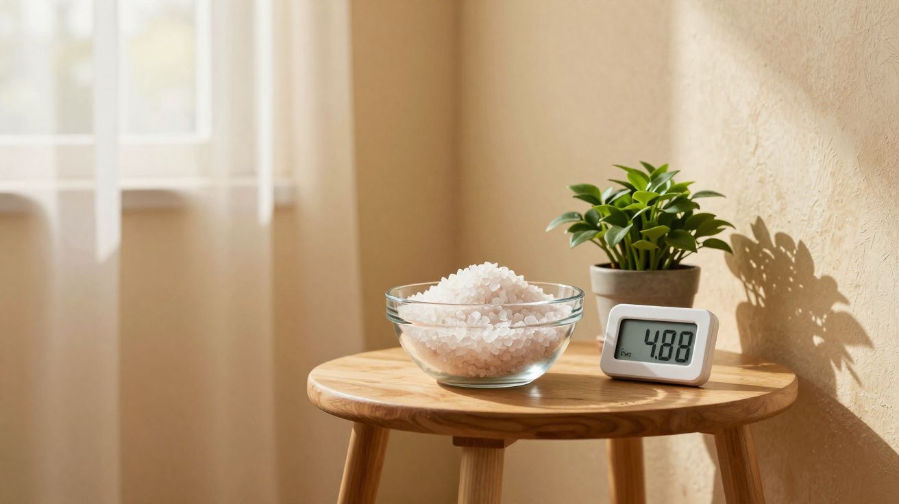 Mesa de madeira com tigela de sal grosso, vaso com planta e termômetro digital marcando 4,88°C.