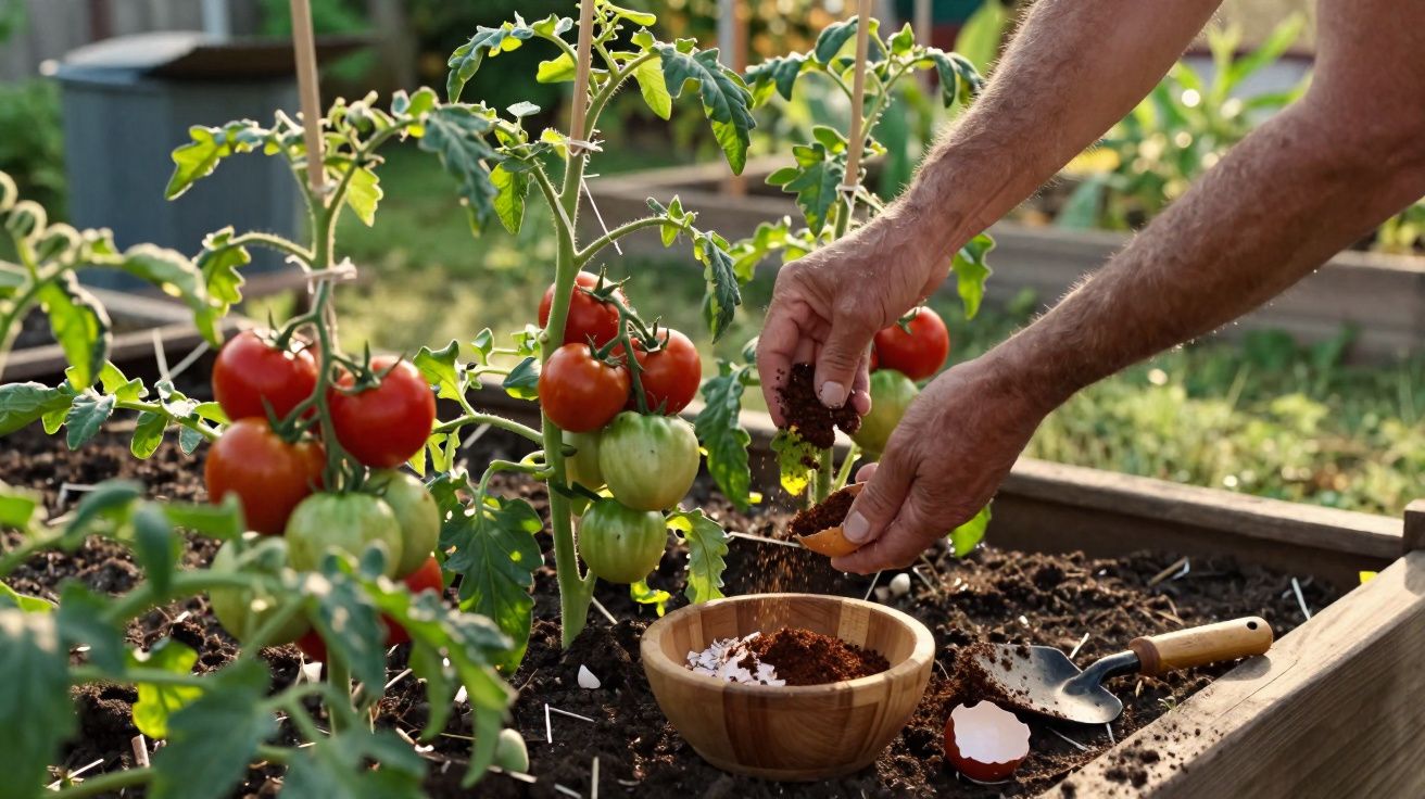Mãos adicionando composto orgânico ao solo em horta com pés de tomateiros crescendo.