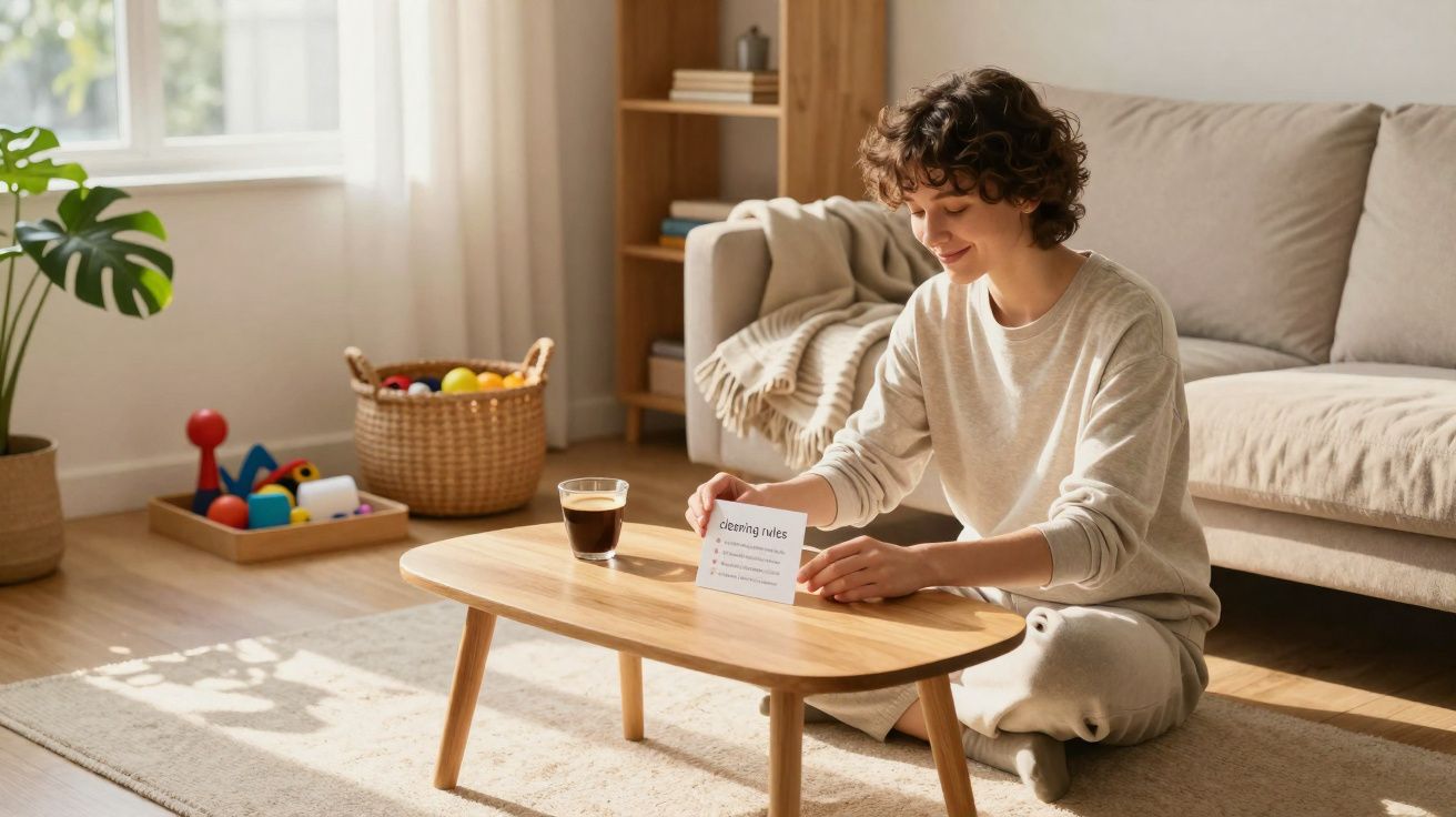 Mulher sorrindo sentada no chão de sala iluminada, lendo cartão com regras de limpeza.