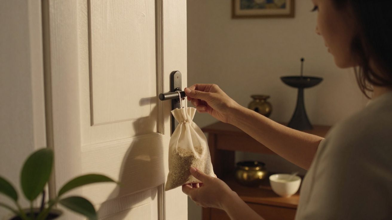 Pessoa pendurando sachê perfumado em maçaneta de porta branca em ambiente interno.