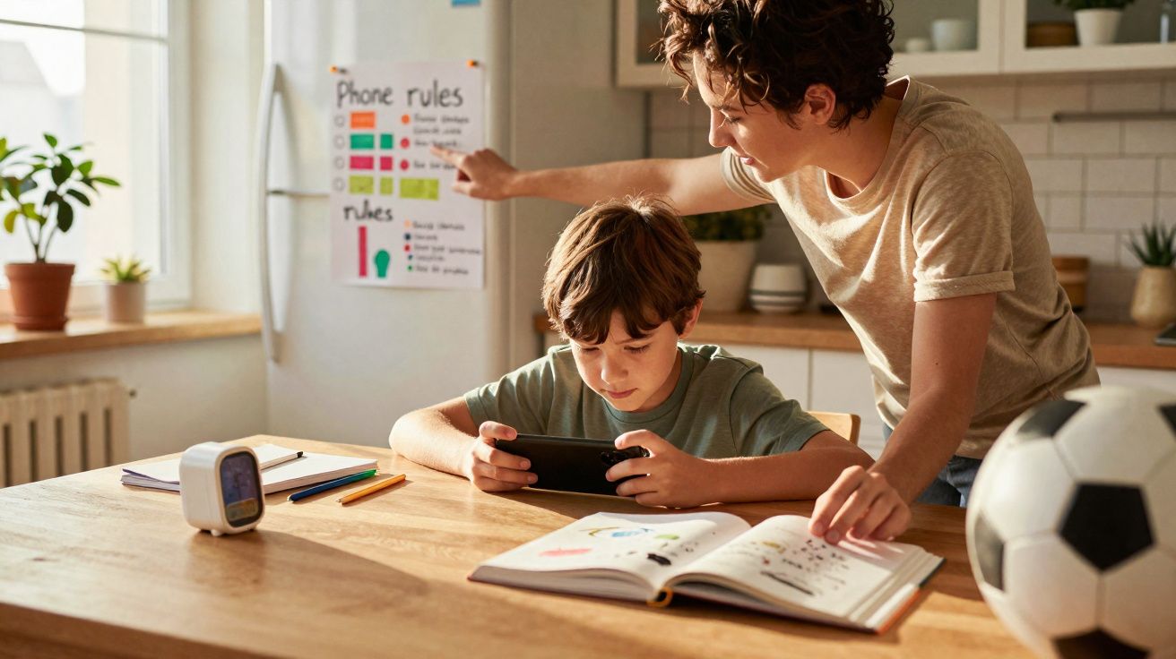 Criança jogando no celular enquanto adulto observa e aponta regras de uso na geladeira ao fundo.