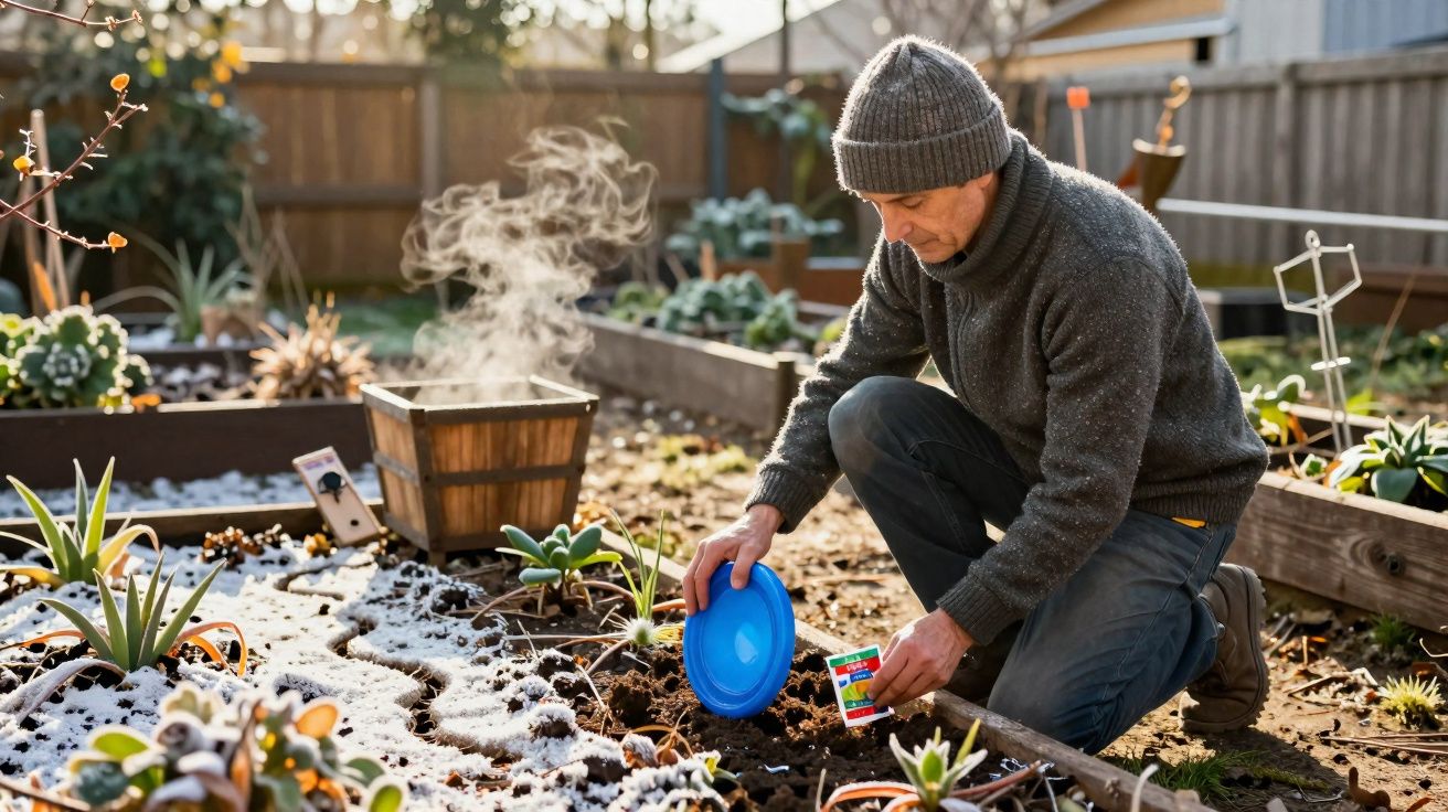 Homem agachado em jardim plantando pequenas mudas em canteiro com terra e folhas secas.