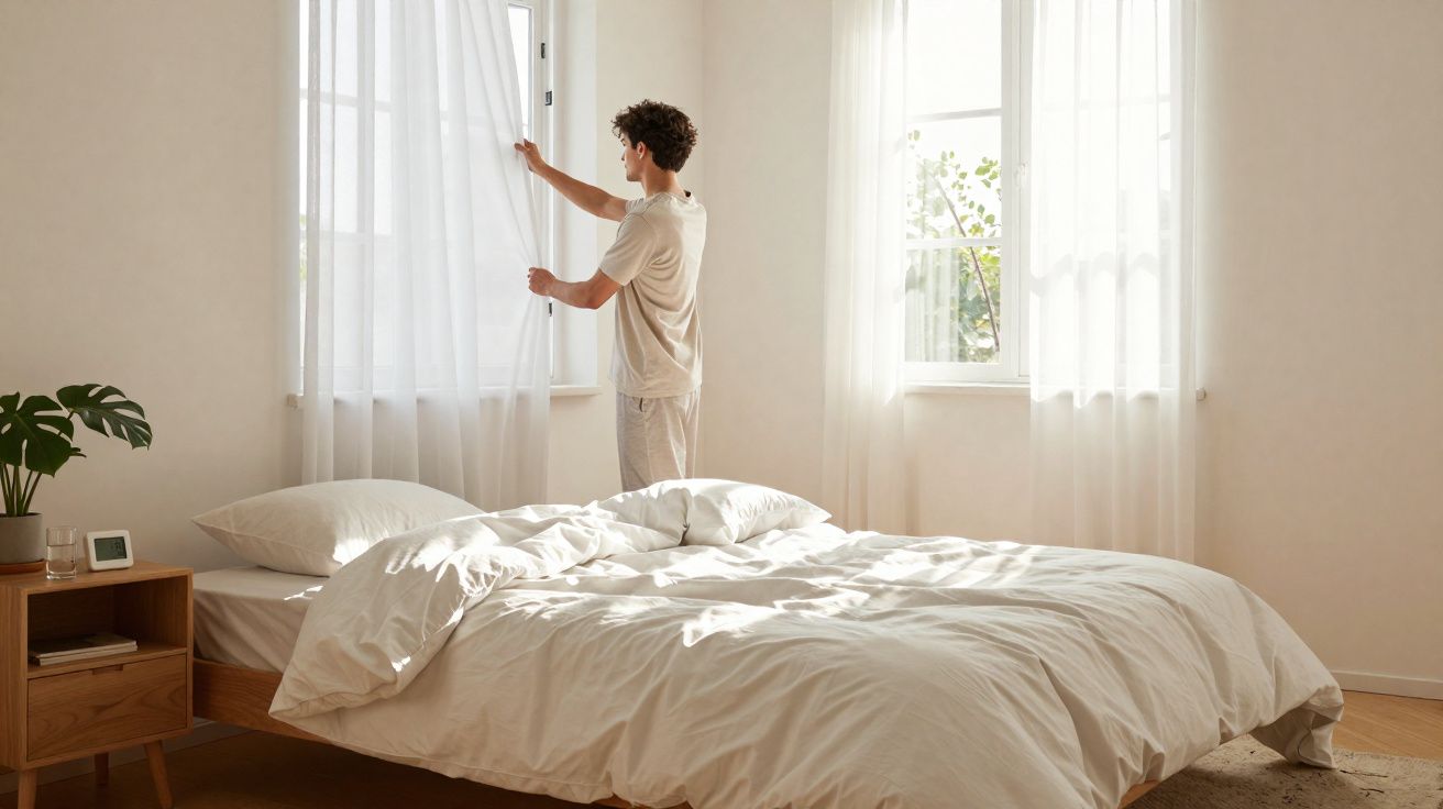 Homem abrindo cortina em quarto claro com cama arrumada e abajur em criado-mudo de madeira.