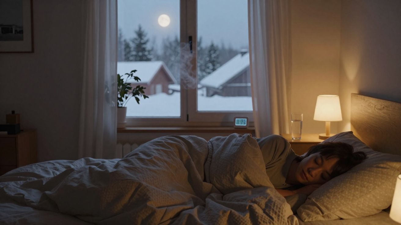 Pessoa dormindo em quarto acolhedor à noite, com janela mostrando lua cheia e casas cobertas de neve.