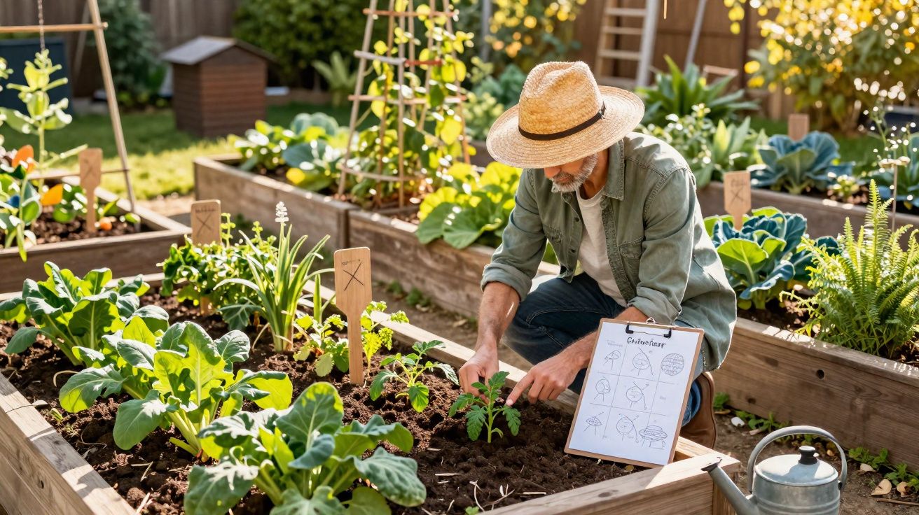 Homem com chapéu cuida de plantas em canteiros elevados em horta ensolarada com regador ao lado.