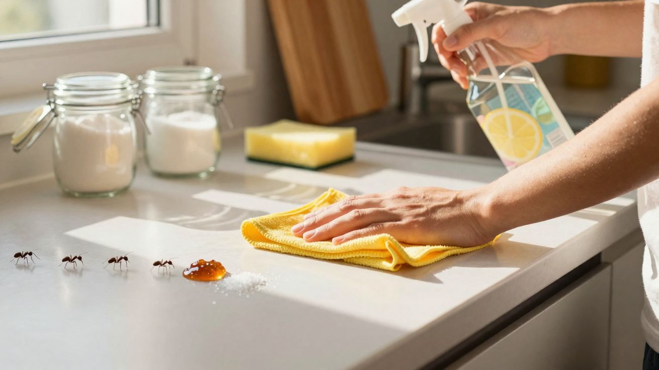 Mãos limpando bancada branca com pano amarelo perto de formigas, açúcar e mel em cozinha iluminada.