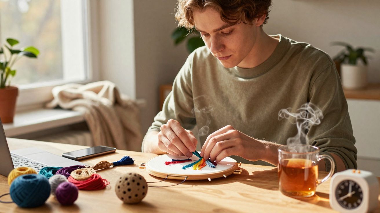 Jovem bordando com fios coloridos em bastidor, sentado à mesa com chá quente e relógio.