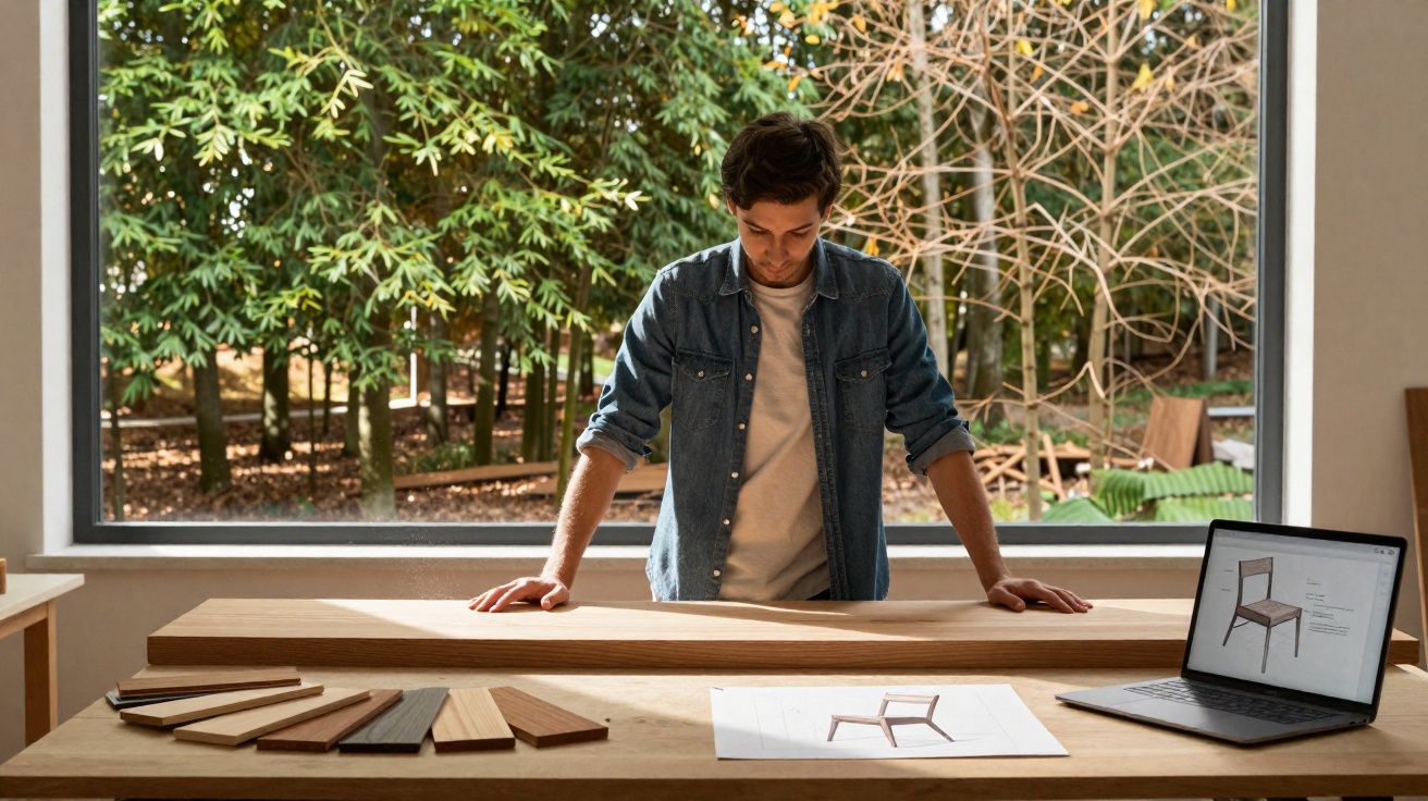 Homem analisa amostras de madeira e projeto digital de cadeira em mesa de trabalho com janela para área verde.