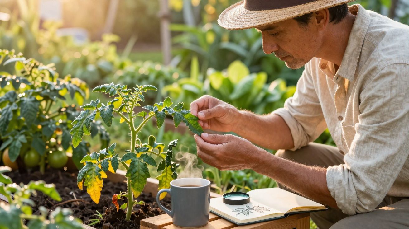 Homem com chapéu cuidando de planta em jardim ao ar livre com caderno e xícara de café ao lado.