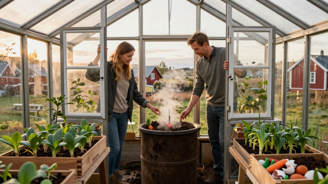 Casal em estufa observando termômetro em barril com fumaça, cercado por plantas e vegetais.