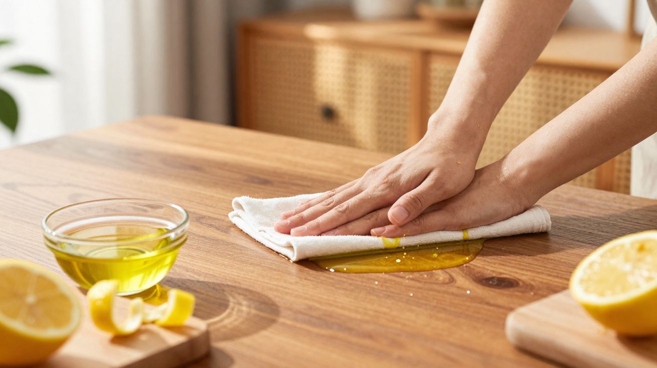 Mãos limpando líquido derramado em mesa de madeira com pano branco, limão e óleo em vidro ao lado.