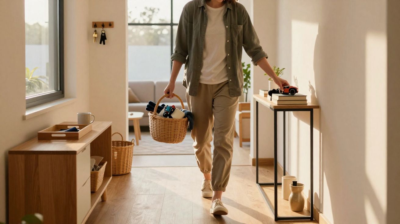 Pessoa carregando cesto de roupa em corredor iluminado com móveis de madeira e decoração minimalista.