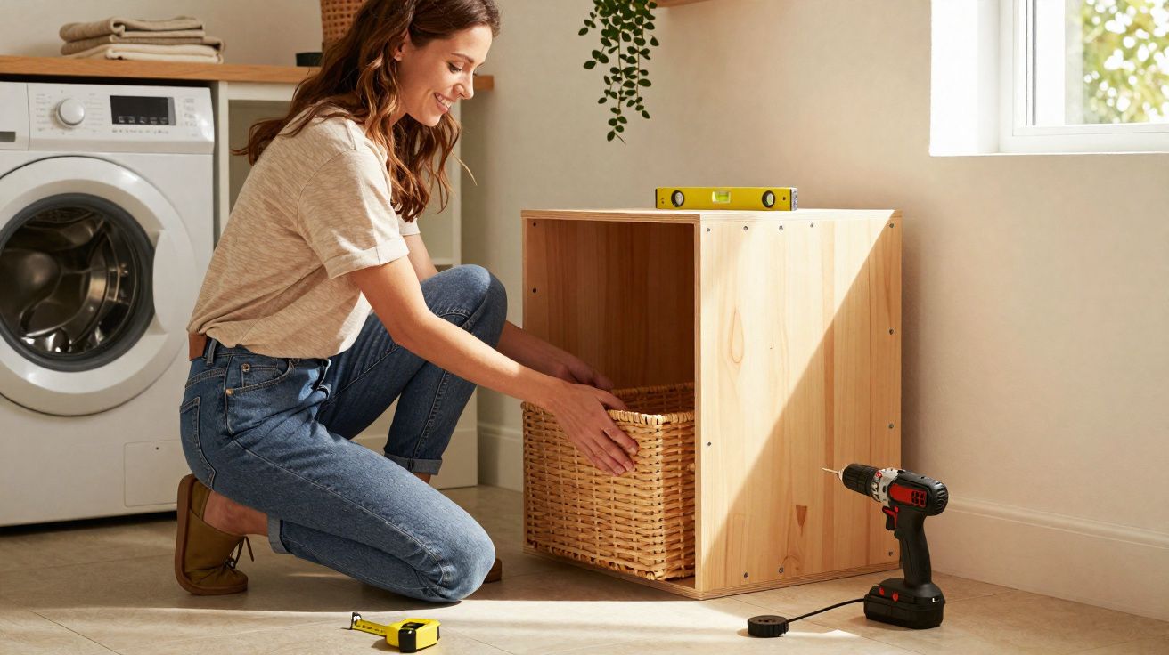 Mulher colocando cesta em móvel de madeira durante montagem em lavanderia ensolarada.