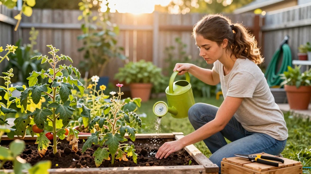 Mulher regando plantas em canteiro elevado no jardim durante o pôr do sol.
