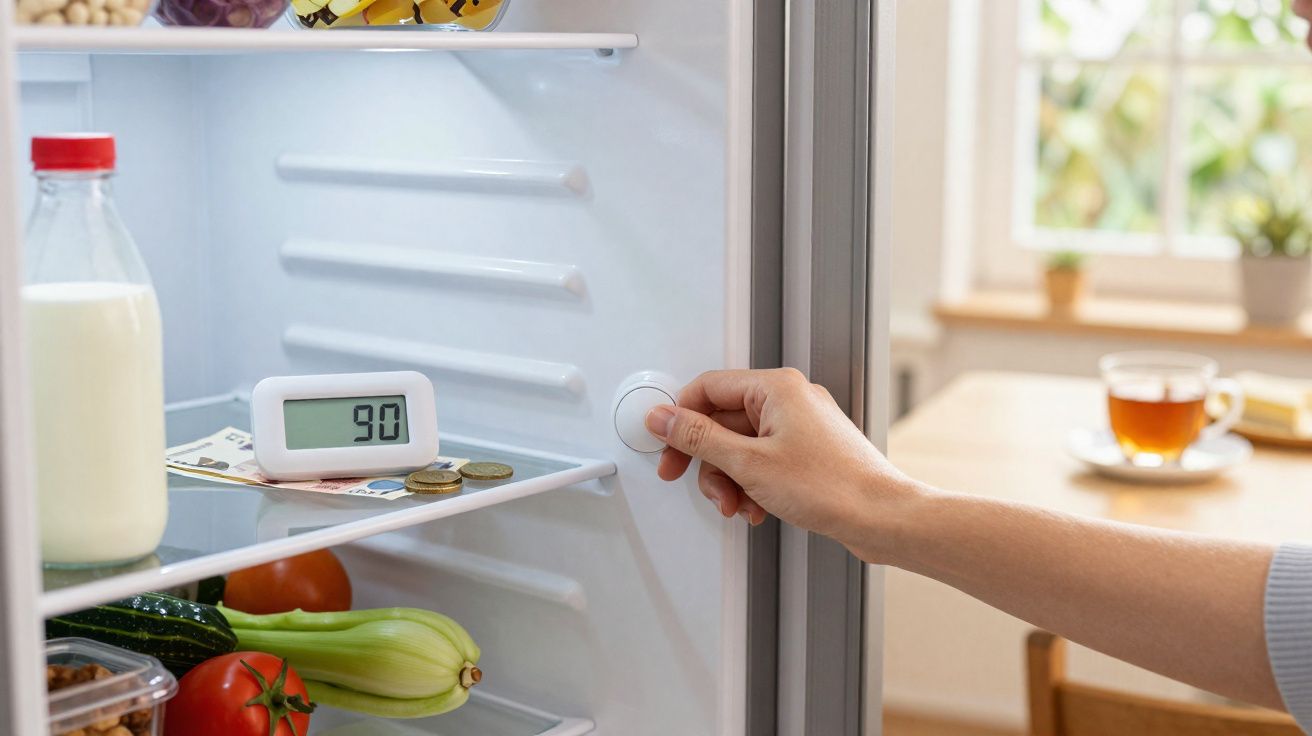 Mão ajustando termostato dentro da geladeira aberta com legumes, leite e caixa de termômetro digital.