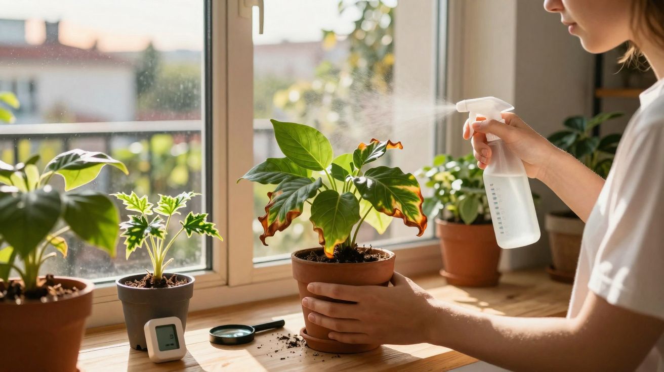 Pessoa borrifando água em planta com folhas grandes e algumas amareladas perto de janela ensolarada.
