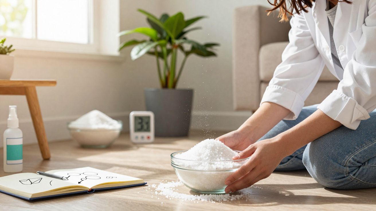 Pessoa aplicando sal grosso em tigela de vidro no chão, com planta e caderno ao lado.