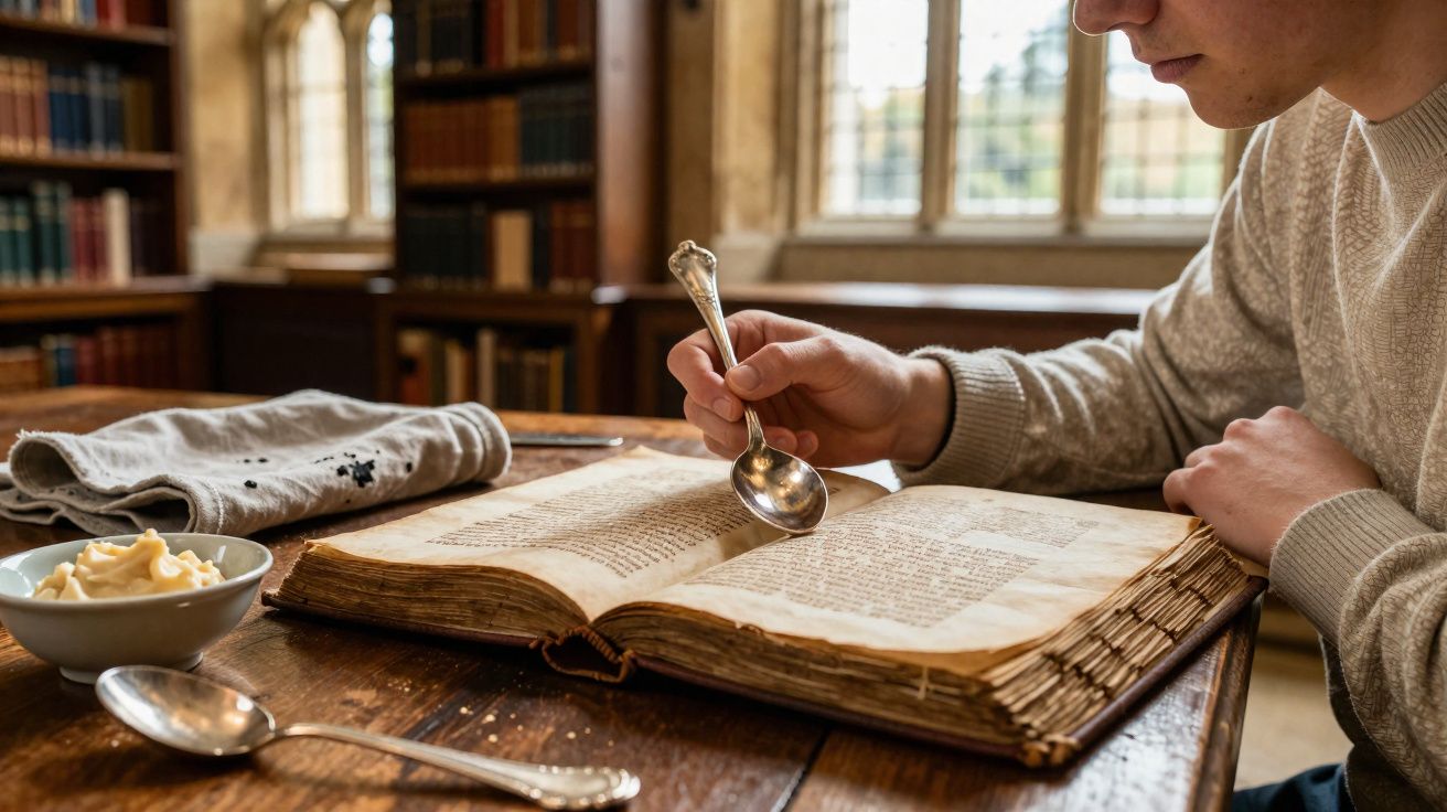 Pessoa lendo livro antigo com colher em biblioteca iluminada por janela com vitral.