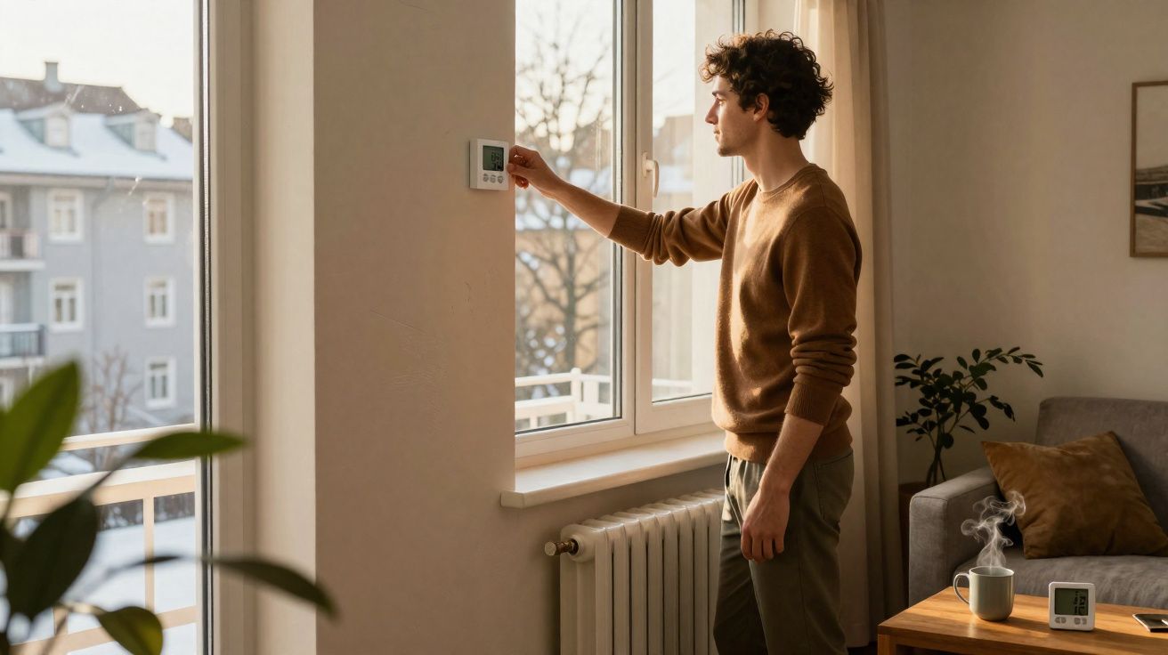 Jovem ajusta termostato em sala com janela grande, sofá cinza e mesa com xícara fumegante.