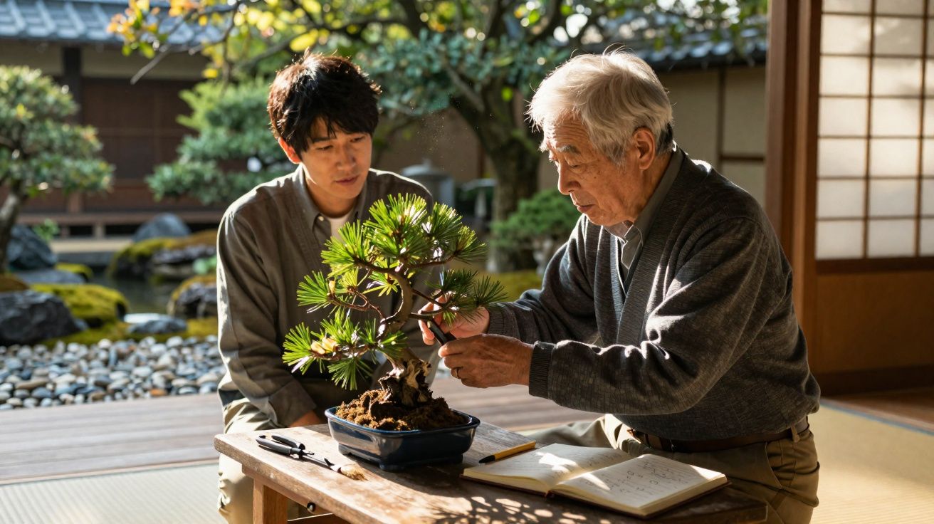 Idoso ensinando jovem a cuidar de bonsai em ambiente tradicional japonês com jardim ao fundo.