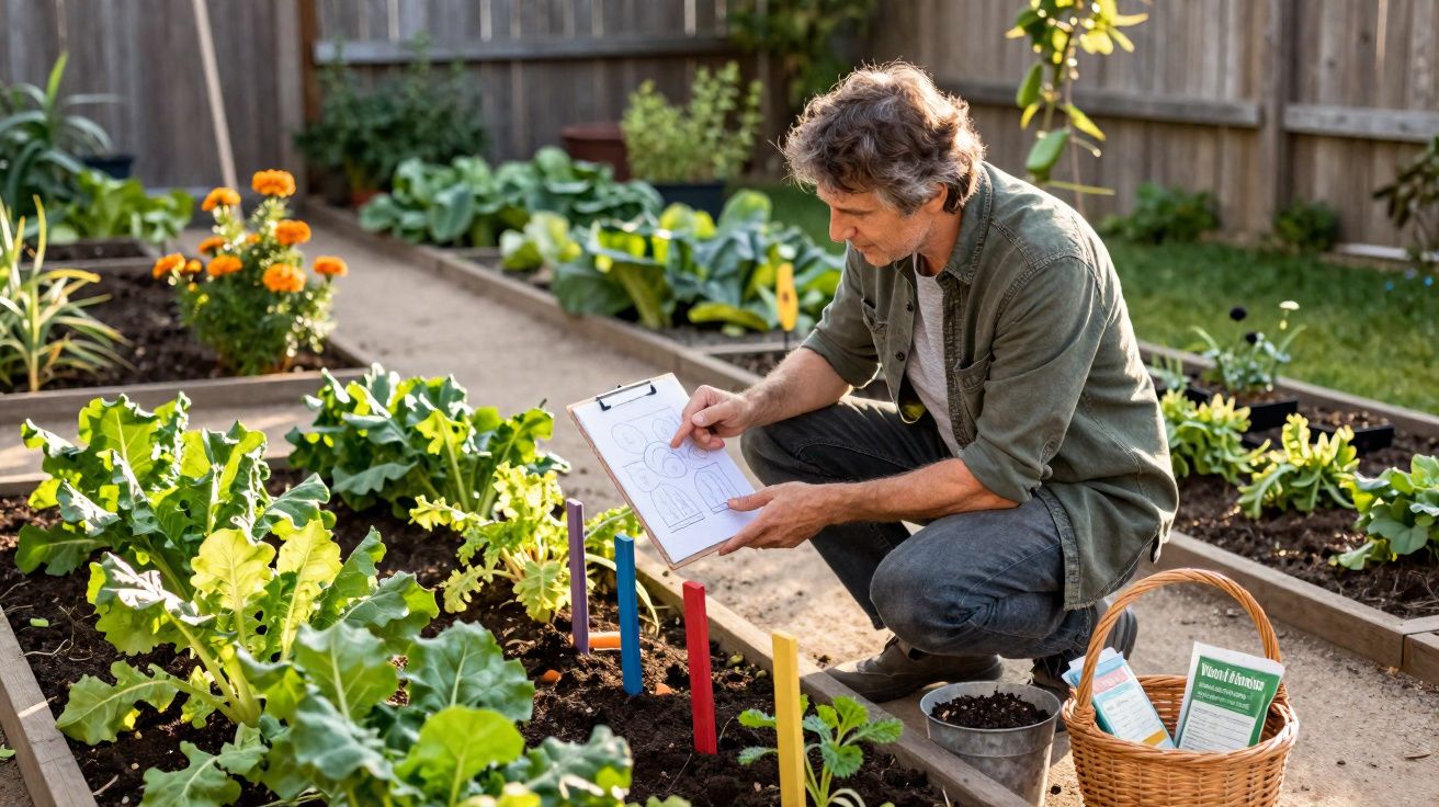 Homem analisando planta com prancheta em horta organizada com cesta e mudas ao redor.