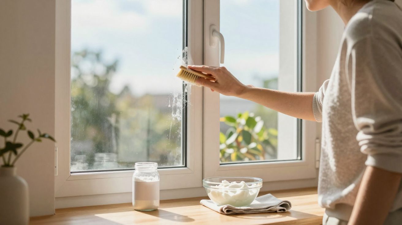 Pessoa limpando janela branca com escova, com pote aberto e tigela de espuma sobre bancada de madeira.