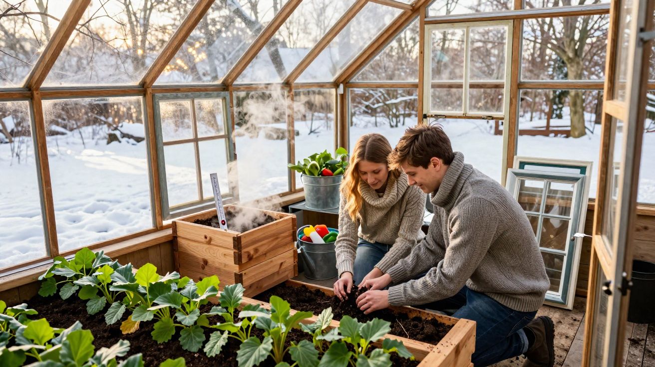 Casal plantando mudas em estufa de madeira cercada de neve com roupas de frio e plantas verdes.