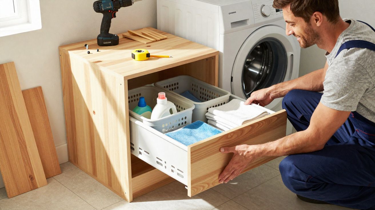 Homem montando gabinete de madeira com organizador para produtos e toalhas ao lado de máquina de lavar.