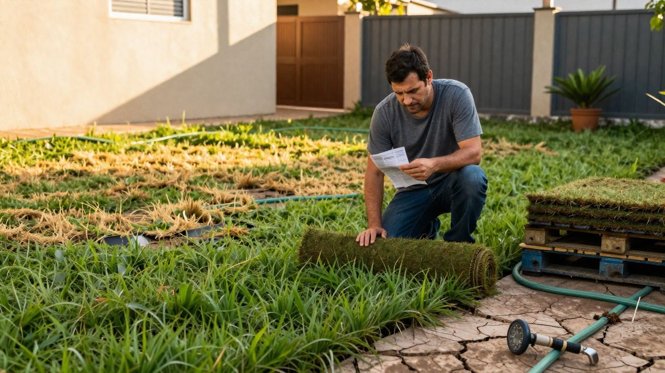 Homem verifica instruções ao instalar grama em rolo em área externa de residência.