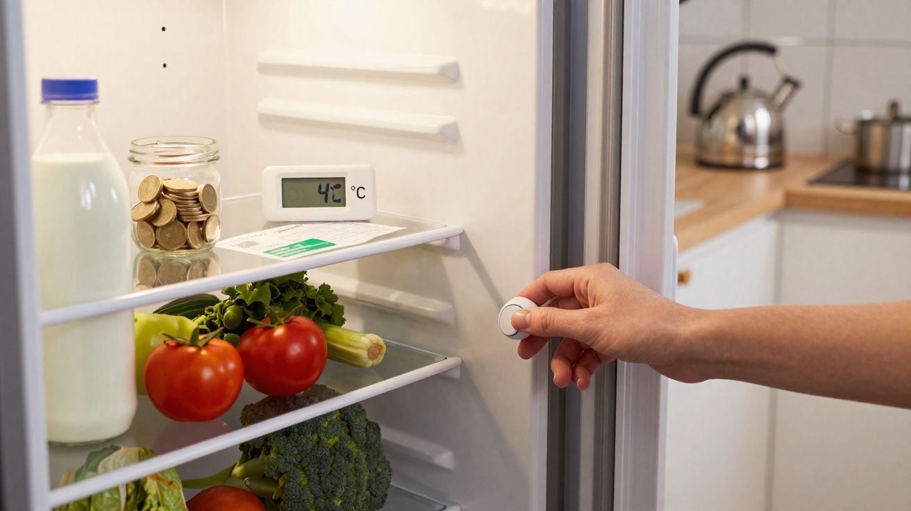 Mão ajustando termostato de geladeira aberta com legumes, leite, moedas e termômetro mostrando 4°C.