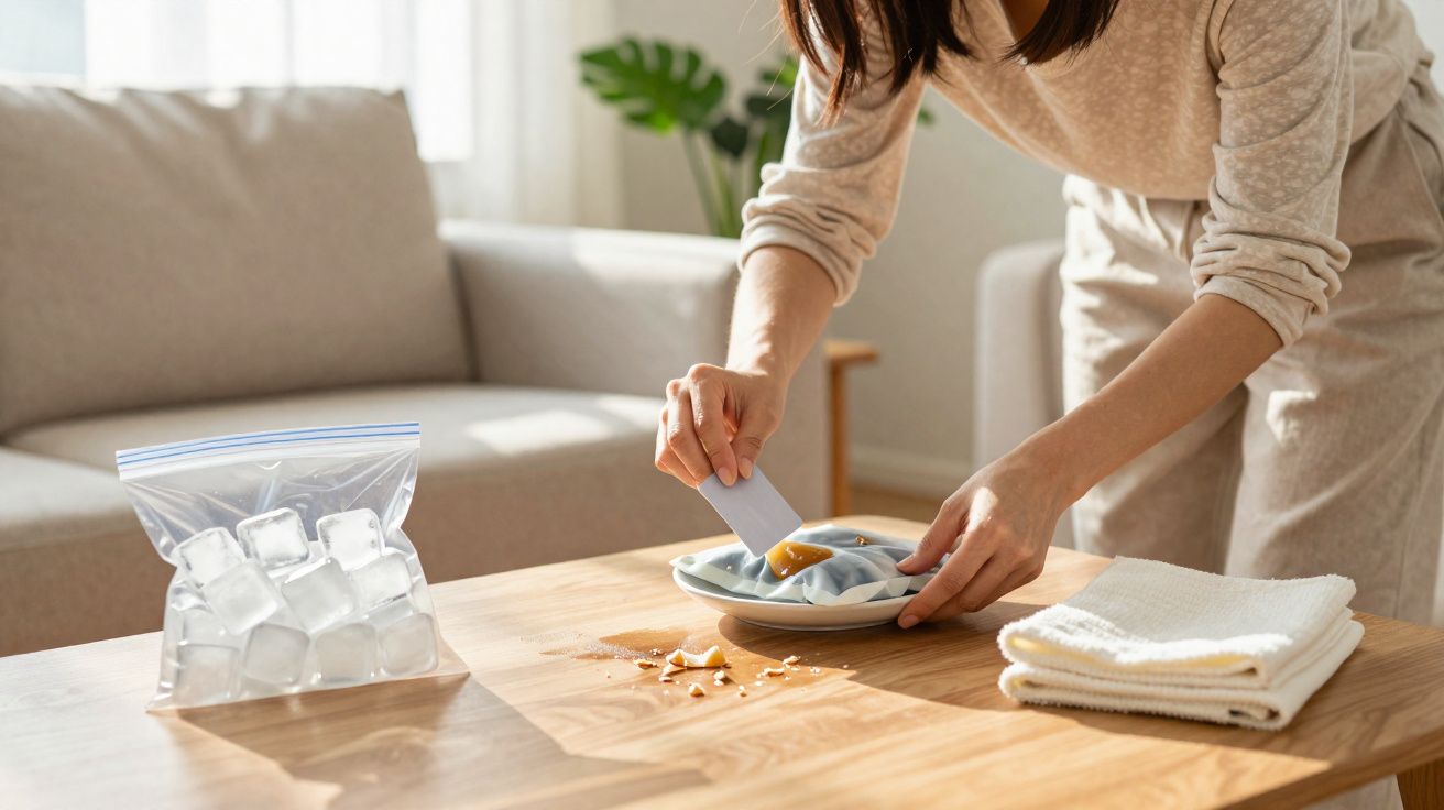 Pessoa usando uma espátula para limpar líquido derramado sobre um pano na mesa de madeira.