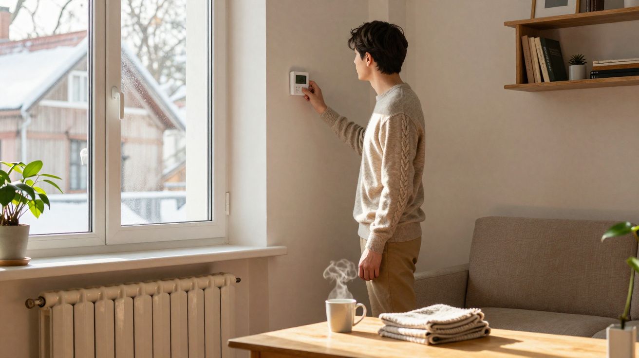 Homem ajustando o termostato na parede de uma sala com sofá e mesa de madeira.