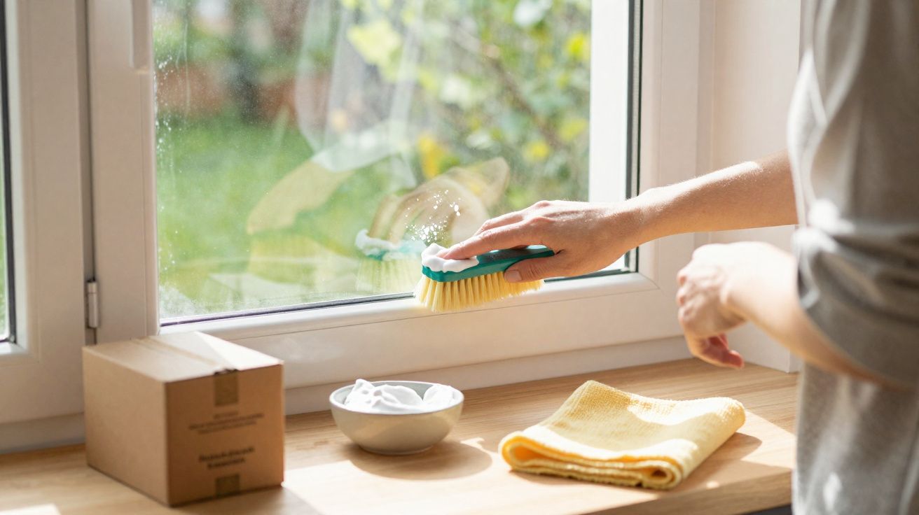 Pessoa limpando janela de vidro com escova e espuma, com pano amarelo sobre bancada de madeira.