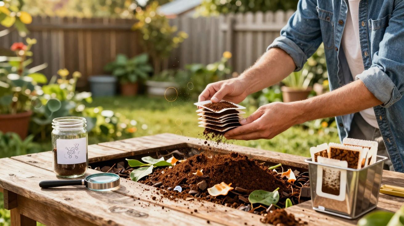 Pessoa plantando sementes em uma caixa de madeira com terra em um jardim ensolarado.