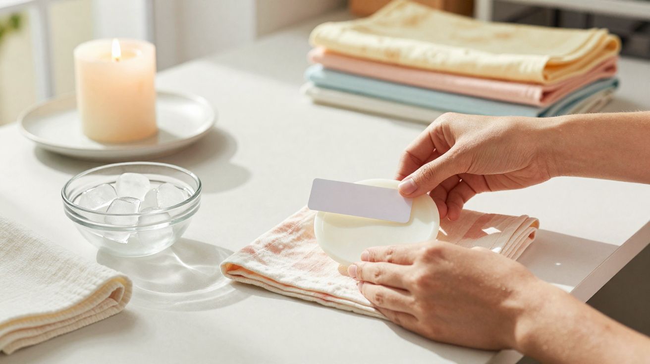 Mãos lixando sabonete branco sobre toalha, vela acesa, tigela com gelo e roupas dobradas ao fundo.