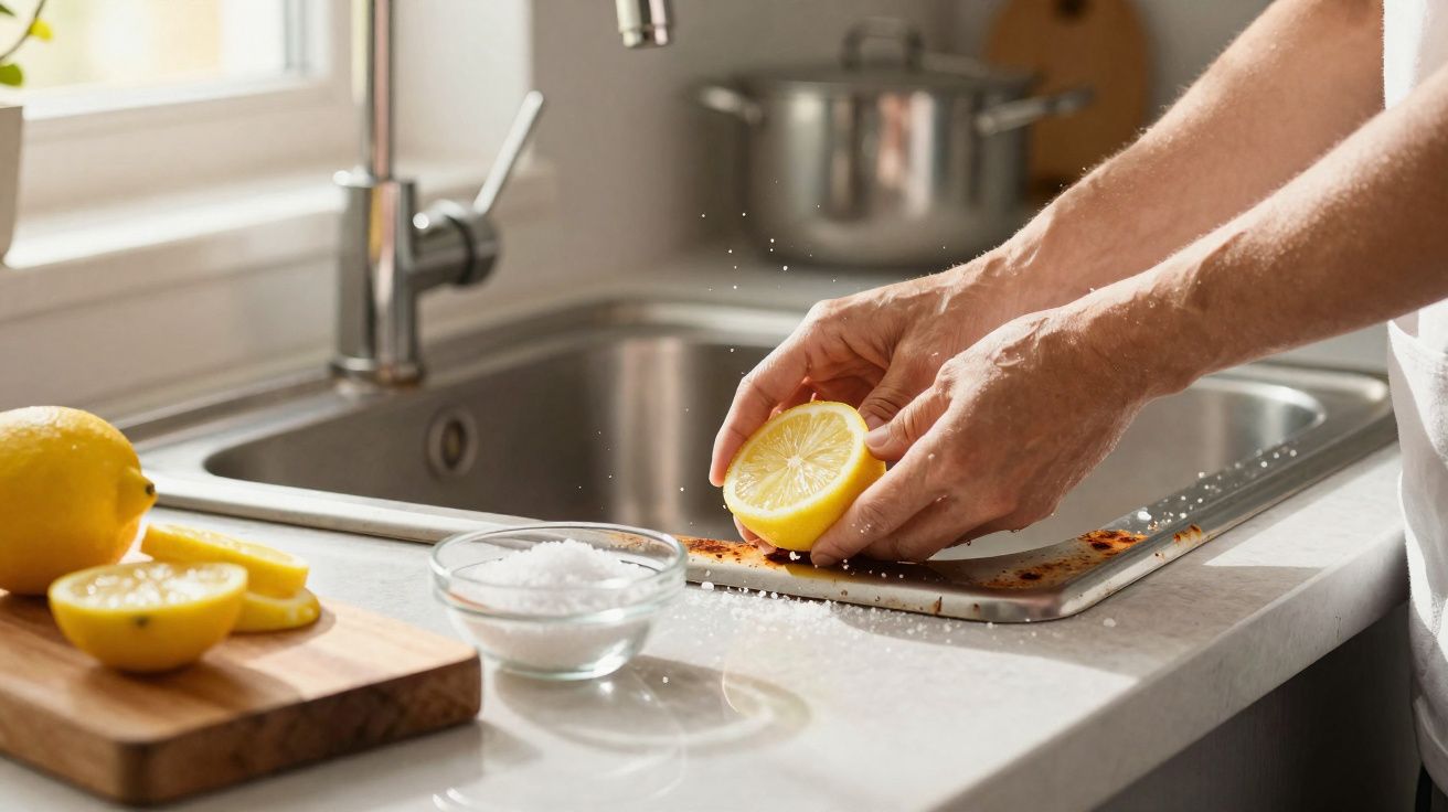 Pessoa espremendo limão sobre forma enfarinhada com sal e limões cortados ao lado na pia da cozinha.